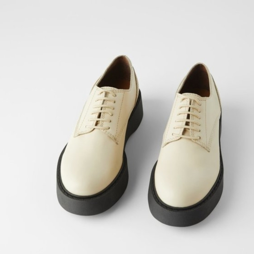 Zara Leather Lace Up Derby Shoes Off White New Size EU38 US 7 - Picture 2 of 6